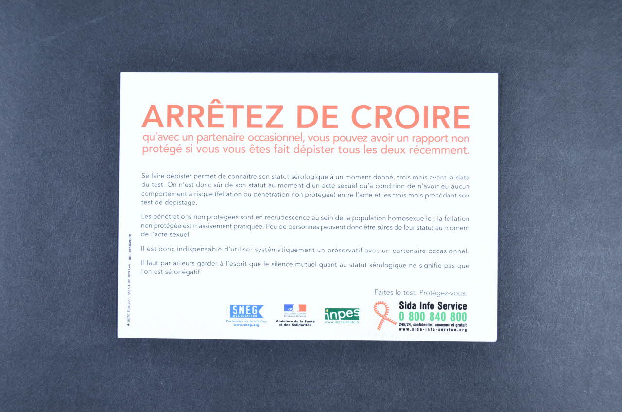Sneg, Inpes carte postale "Protégez-vous du bouche à oreille / Avec un partenaire occasionnel on peut avoir un rapport non protégé à condition de s'être fait dépister tous les deux récemment" France 2007 2007.66.103 Photo Mucem
