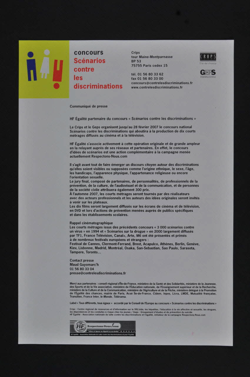 CRIPS (Centre régional d'information et de prévention du sida) Communiqué de presse Concours : scénarios contre les discriminations France 2007 2007.66.125 Photo Mucem
