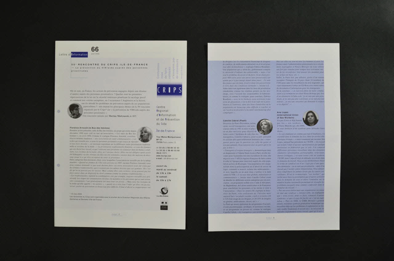 CRIPS (Centre régional d'information et de prévention du sida) Lettre d'information 50 ème rencontre du CRIPS : La prévention du VIH/sida auprès des personnes prostituées France 2003/8 2007.66.132.1-2 Photo Mucem