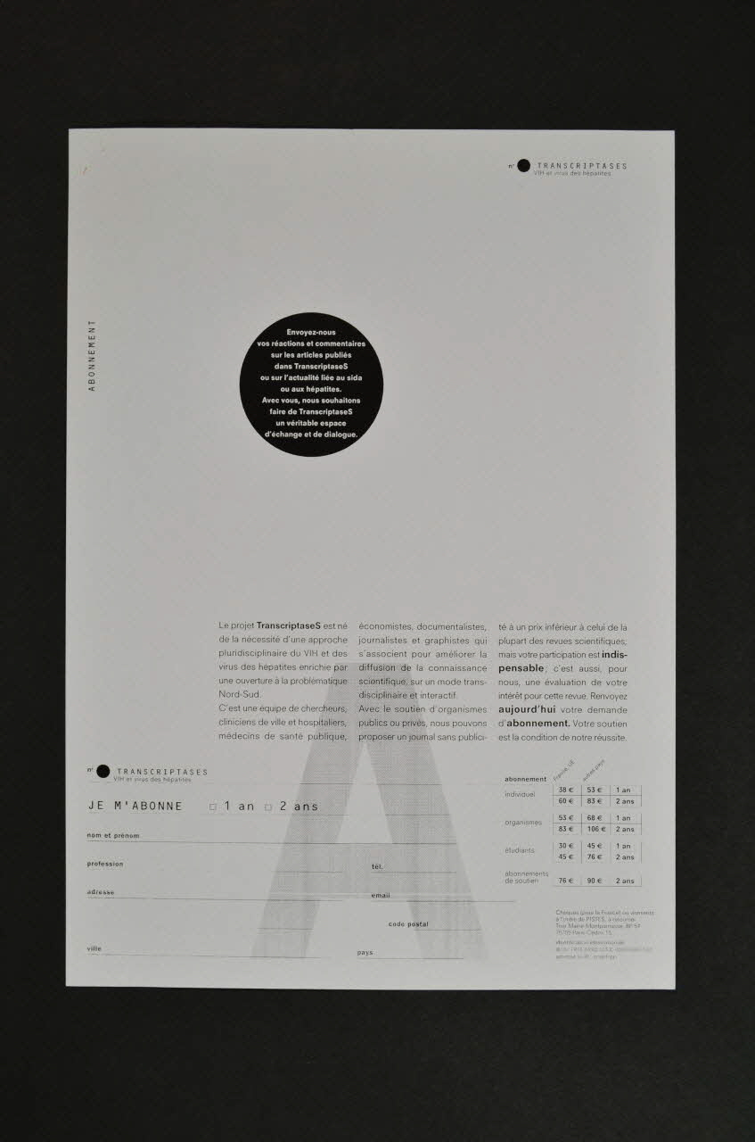 CRIPS (Centre régional d'information et de prévention du sida) bulletin d'abonnement France 2007/2 2007.66.134.10 Photo Mucem