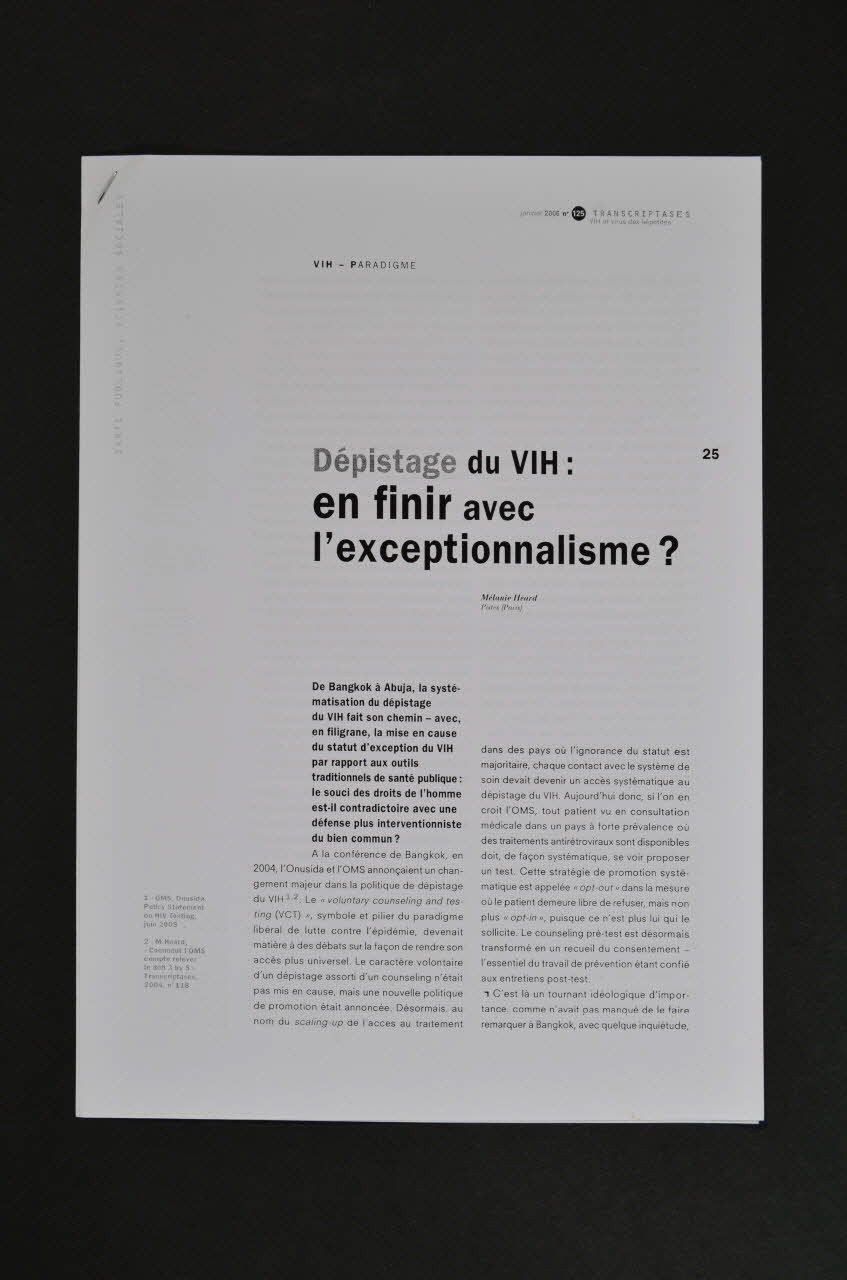 CRIPS (Centre régional d'information et de prévention du sida) Tiré à part Dépistage du VIH : en finir avec l'exceptionnalisme ? France 2007/2 2007.66.134.4 Photo Mucem
