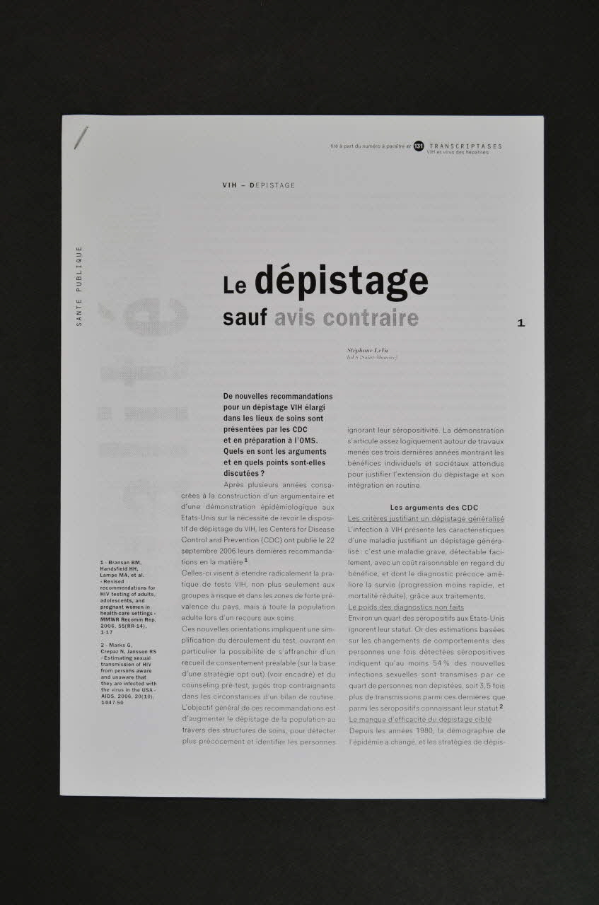 CRIPS (Centre régional d'information et de prévention du sida) Tiré à part Le dépistage sauf avis contraire France 2007/2 2007.66.134.5 Photo Mucem