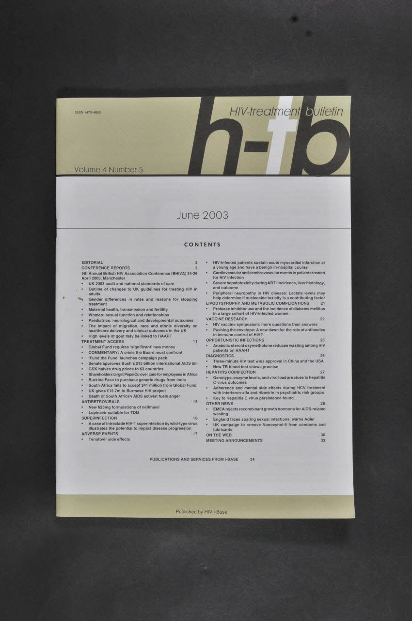 Hiv I-Base revue HIV-treatment bulletin,vol 4, n°5 International 2003/6 2007.66.140 Photo Mucem