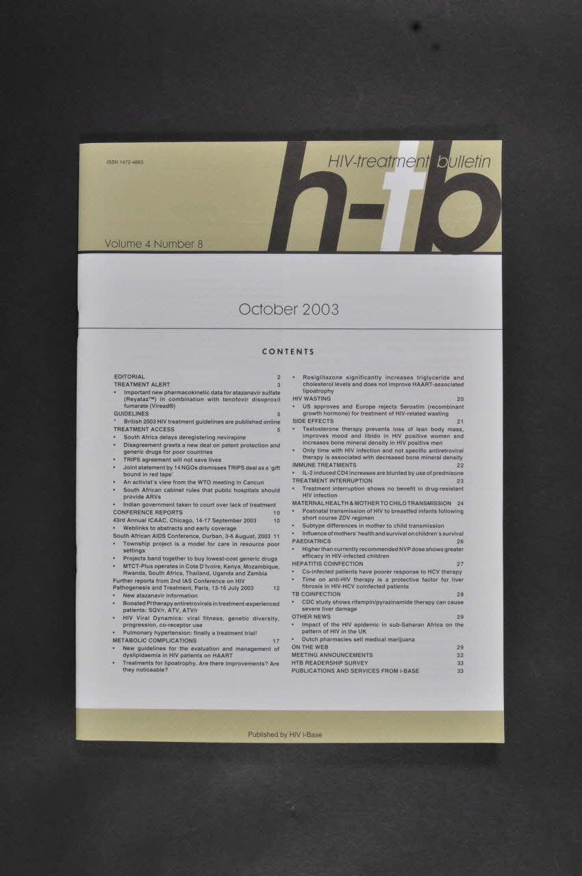 Hiv I-Base revue HIV-treatment bulletin vol 4 n°8 International 2003/10 2007.66.150 Photo Mucem