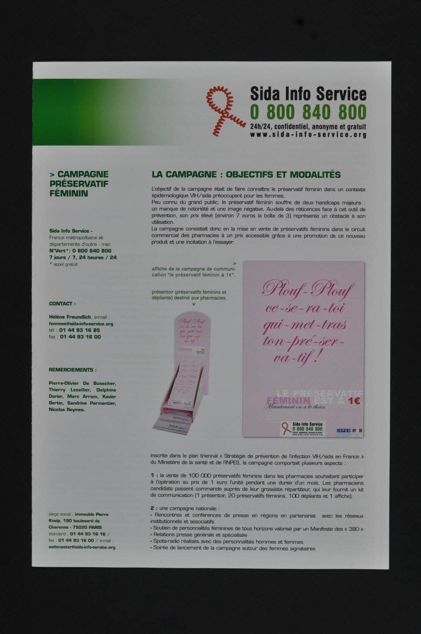 Sida Info Service - Ligne Azur Rapport "Sida Info Service. Campagne préservatif féminin" France 2005 2007.66.26 Photo Mucem