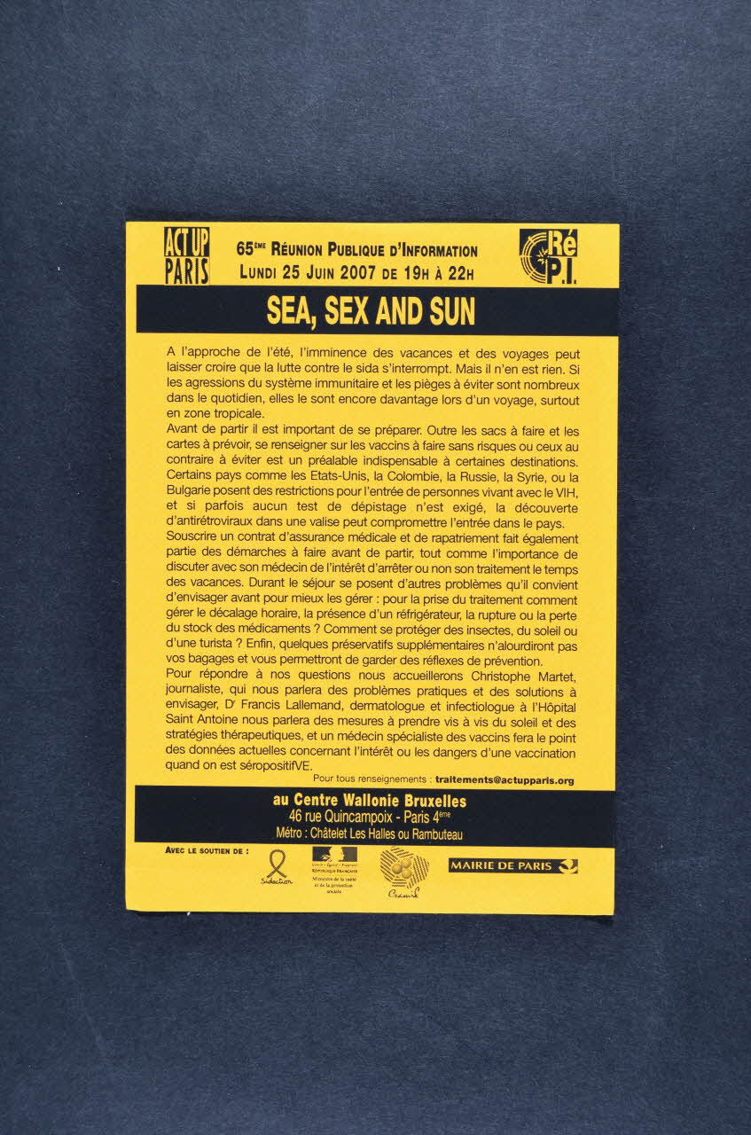 Act Up-Paris tract 65ème Réunion Publique d'Information. Sea, sex and sun France 2007/6/25 2007.66.63 Photo Mucem