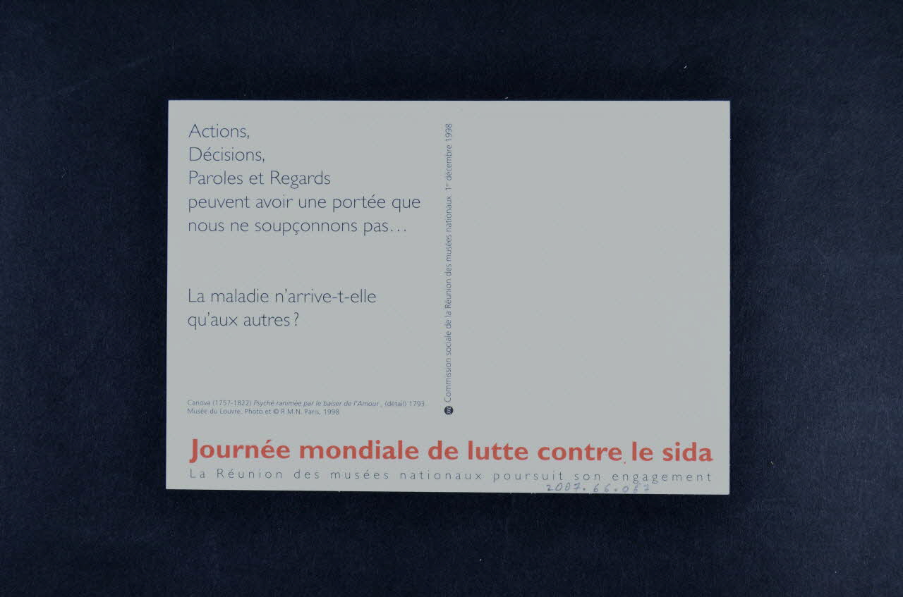 Commission Sociale De La Réunion Des Musées carte postale 1er décembre 1998. Journée mondiale de lutte contre le sida. La Réunion des Musées Nationaux poursuit son engagement. / Canova. Psyché ranimée par le baiser de l'amour France 1998 2007.66.67 Photo Mucem