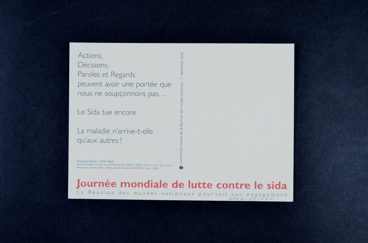 Commission Sociale De La Réunion Des Musées carte postale 1er décembre 2002. Journée mondiale de lutte contre le sida. La Réunion des Musées Nationaux poursuit son engagement. / Hippolyte Flandrin. Jeune homme nu assis au bord de la mer (détail) France 2002 2007.66.71 Photo Mucem