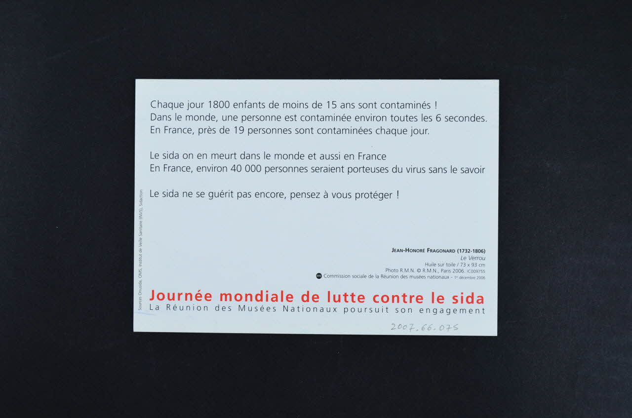 Commission Sociale De La Réunion Des Musées carte postale 1er décembre 2006. Journée mondiale de lutte contre le sida. La Réunion des Musées Nationaux poursuit son engagement./  Jean-Honoré Fragonard Le verrou France 2006 2007.66.75 Photo Mucem