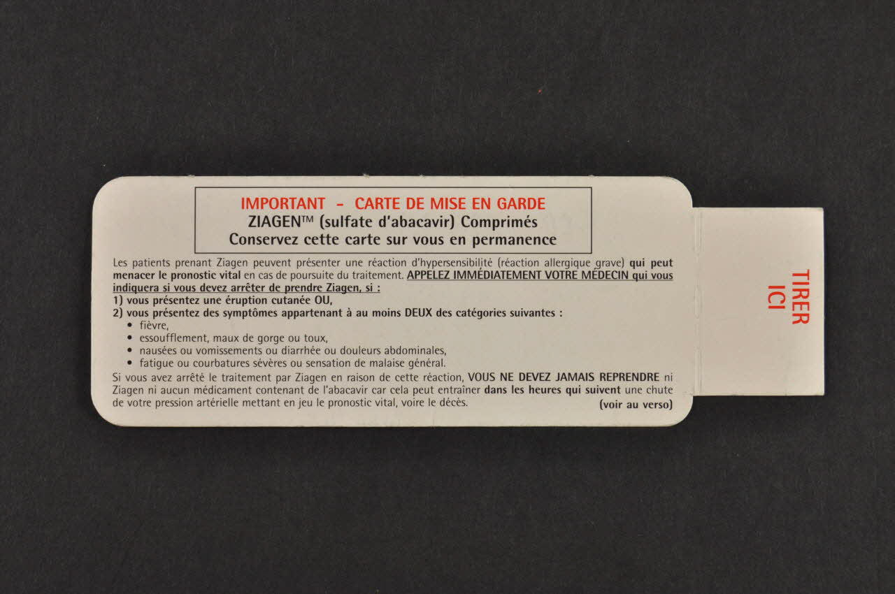 notice Carte de mise en garde "Ziagen" 2007.66.93 Photo Mucem