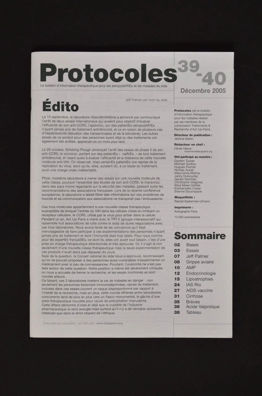Act Up-Paris Bulletin associatif "Protocoles", décembre 2005, n° 39-40 France 2005/12 2007.77.148 Photo Mucem