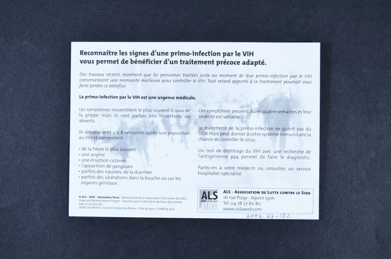Association de Lutte contre le Sida (ALS) Lyon carte postale "Lettre ouverte aux hommes gays séronégatifs de Lyon" France 2002 2007.77.182 Photo Mucem