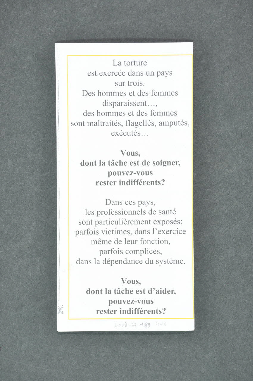 Amnesty International Dépliant "Amnesty International. Commission Santé" France 2006 2007.77.189 Photo Mucem