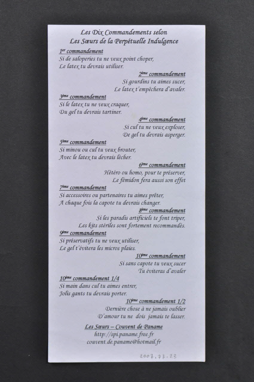 Soeurs de la Perpétuelle Indulgence - Couvent de Paname tract "Je blasphème, donc, je vis" France 2007 2007.77.23 Photo Mucem