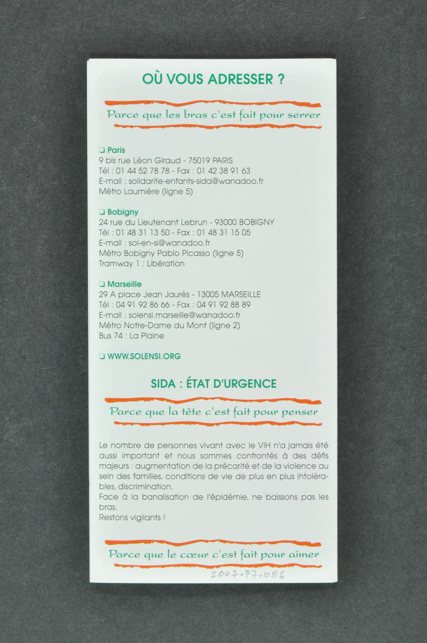 Solidarité Enfants SIDA (Sol En Si) Dépliant "Sol en si. Réagissons ensemble contre l'exclusion" France 2007 2007.77.86 Photo Mucem