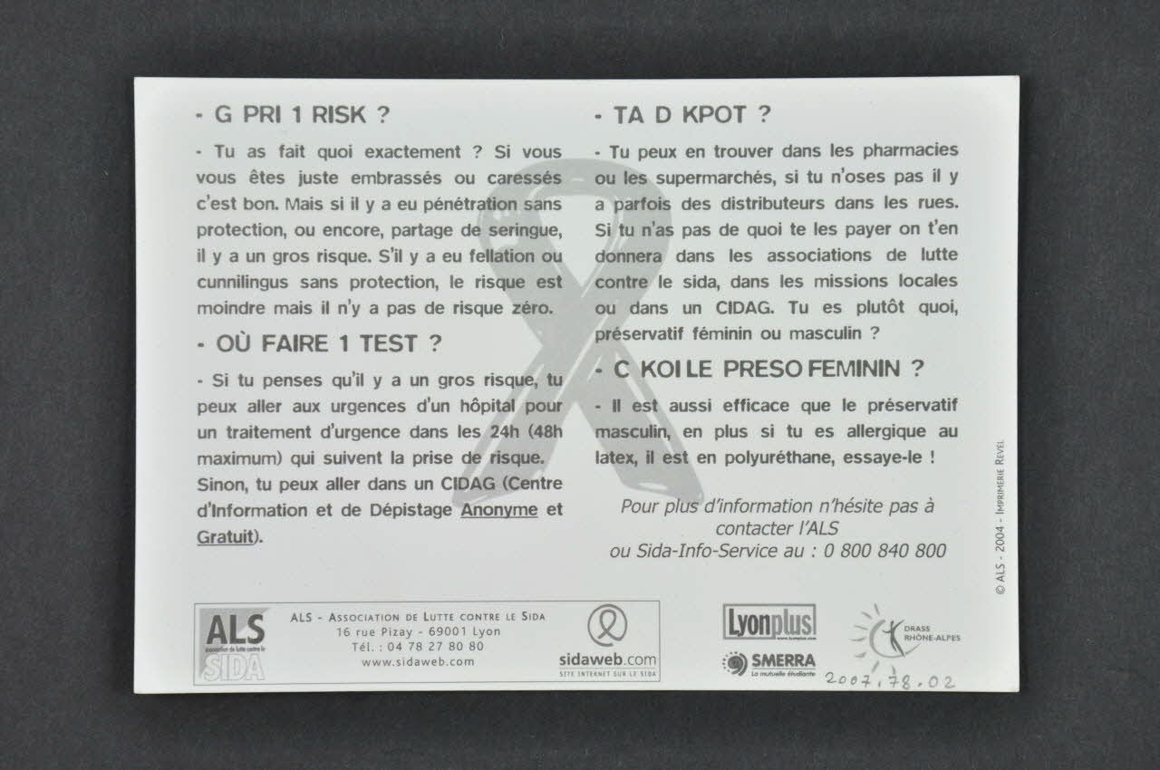 Association de Lutte contre le Sida (ALS) Lyon carte postale Rhône-Alpes, France 2004 2007.78.2 Photo Mucem