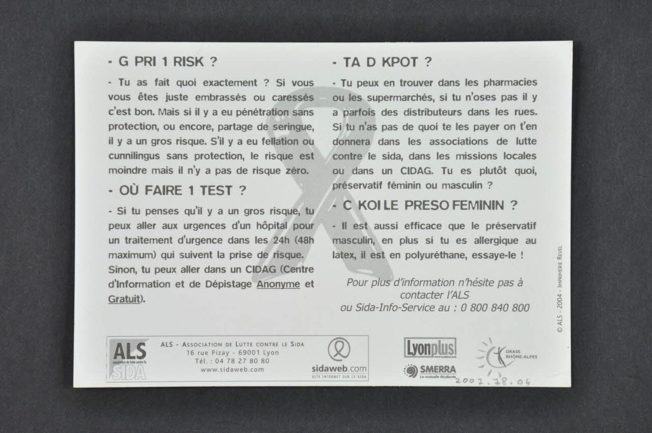 Association de Lutte contre le Sida (ALS) Lyon carte postale Rhône-Alpes, France 2004 2007.78.4 Photo Mucem