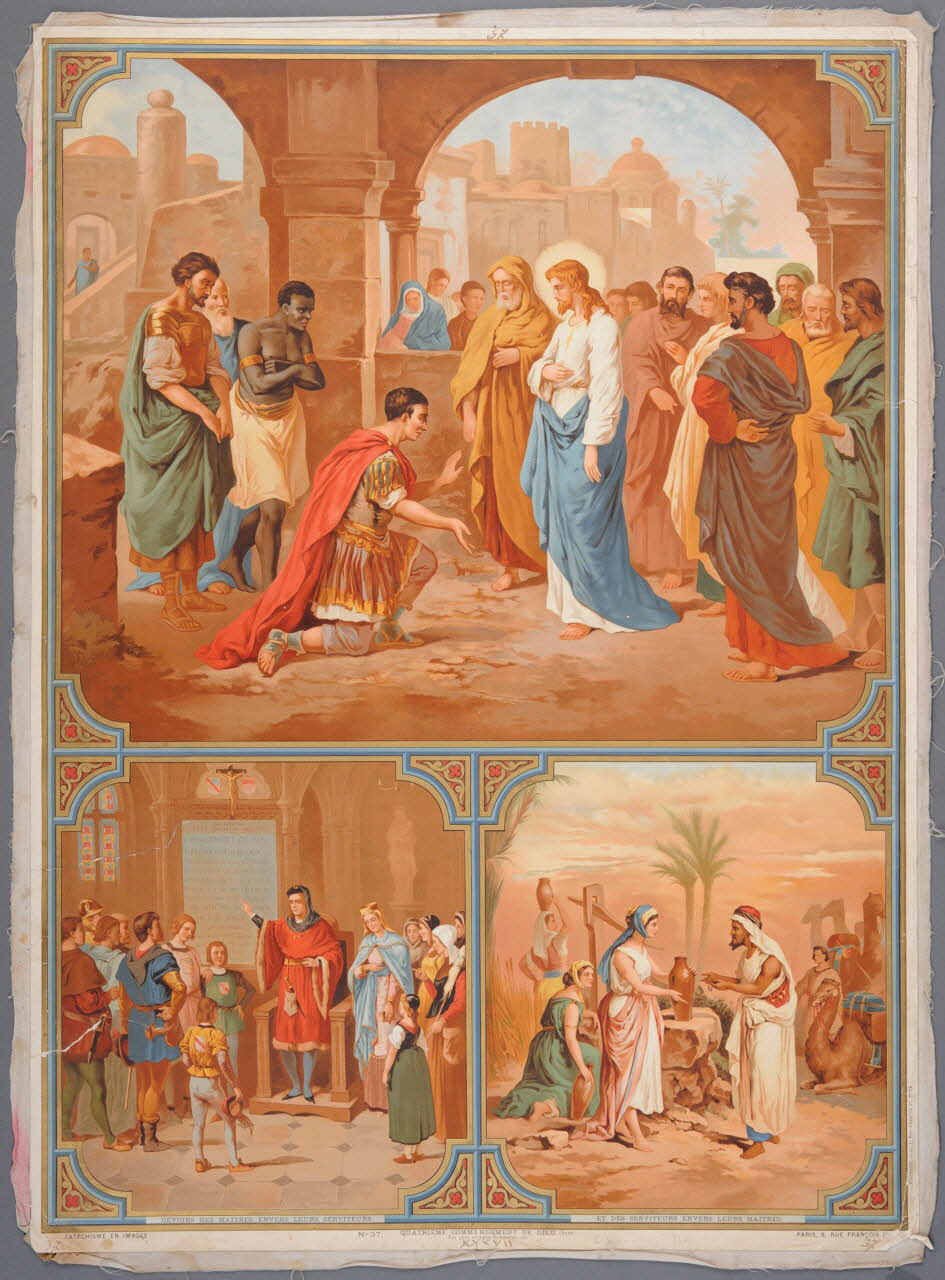 Fournier image pieuse CATECHISME EN IMAGES  QUATRIEME COMMANDEMENT DE DIEU (Suite)  DEVOIRS DE MAITRES ENVERS LEURS SERVITEURS  ET DES SERVITEURS ENVERS LEURS MAITRES Paris 1895-1905 1984.40.33 Photo