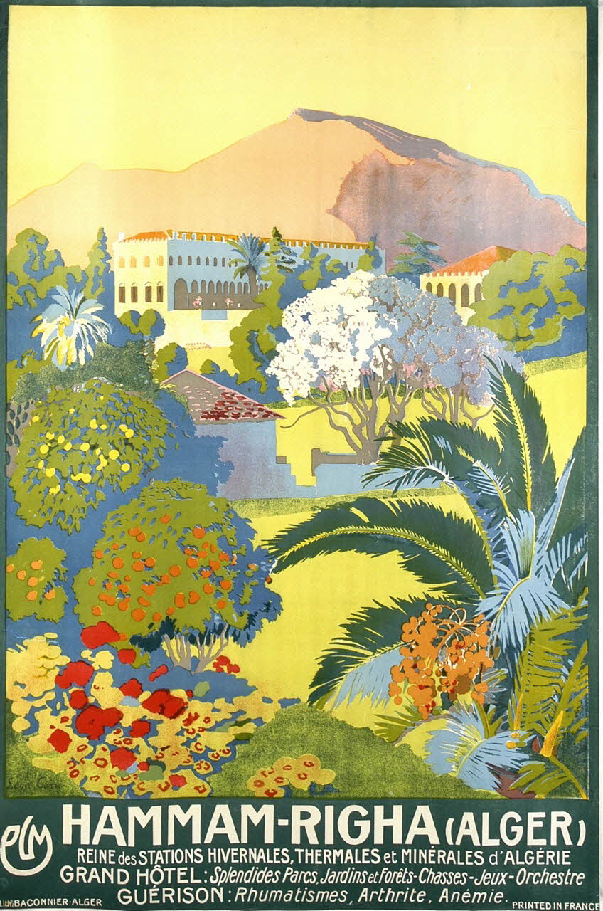 Imprimerie Baconnier ; Léon Carré affiche HAMMAM-RIGHA (ALGER)  REINE des STATIONS HIVERNALES, THERMALES et MINERALES d'ALGERIE Algérie 1938-1942 2002.91.3 Photo