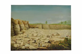 P Apprin tableau La carrière du Mas à Villebois avec les carriers et tailleurs de pierres au travail France 1913 1962.130.1  Photo Mucem
