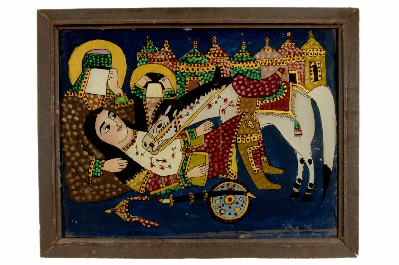 Anonyme peinture sous verre La mort d'Ali Akbar, fils de Hussein, sur le champ de bataille de Kerbela, en présence de son père et de sa tante Zeynab Iran 1900-1950 2002.103.2 Photo Mucem / Anne Maigret