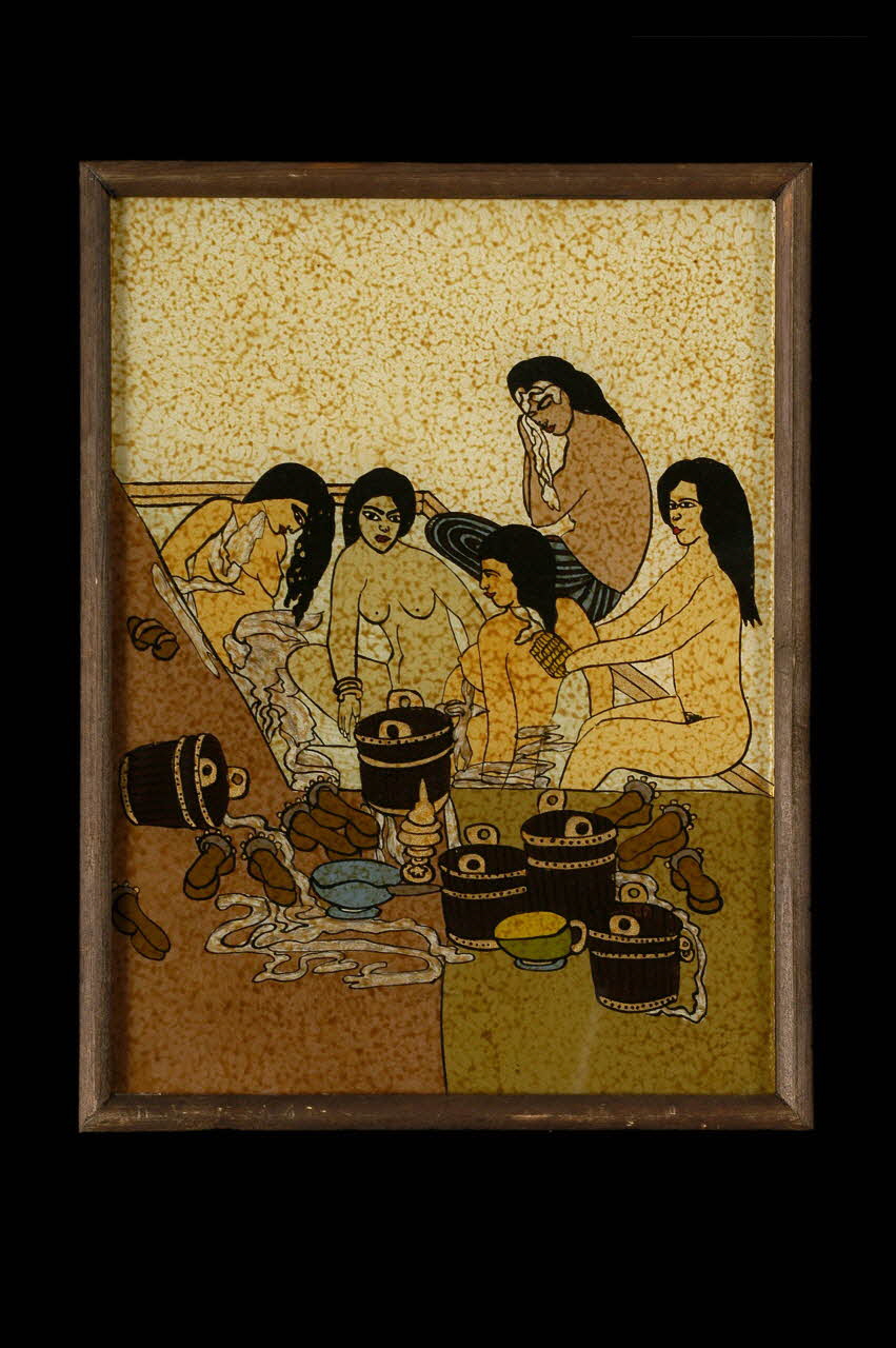 peinture sous verre Scène de hammam 2005.70.6 Photo Mucem / Anne Maigret