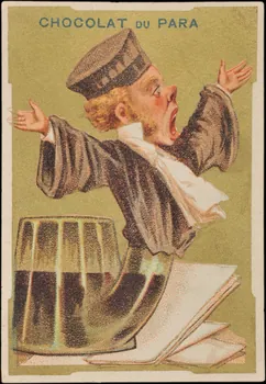 carte réclame Un avocat en robe s'exclame, les bras écartés, son corps se termine en carafe Paris 1878-1890 1998.77.10.1 Photo