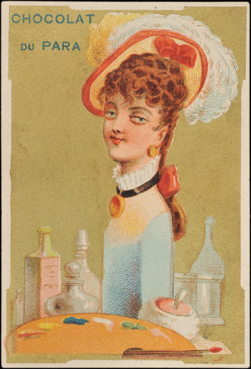 carte réclame Bouteille à tête de femme parmi divers flacons de cosmétique ou de toilette 1998.77.10.2 Photo