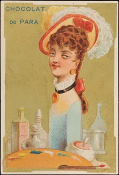 carte réclame Bouteille à tête de femme parmi divers flacons de cosmétique ou de toilette 1998.77.10.2 Photo