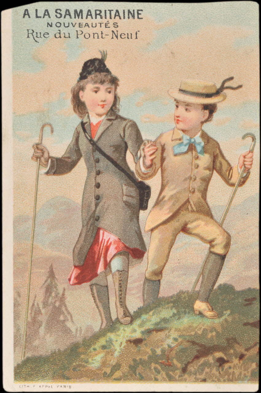 carte réclame Un jeune homme aide une jeune femme à gravir une montagne Paris 1878-1890 1998.77.11.1 Photo