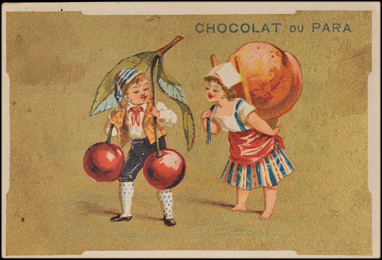 carte réclame Des enfants portent une pêche et des cerises géantes Paris 1878-1890 1998.77.12.1 Photo