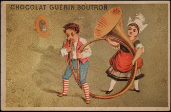 carte réclame Garçon soufflant dans un cor géant tenu par une fillette 1998.77.13.1 Photo