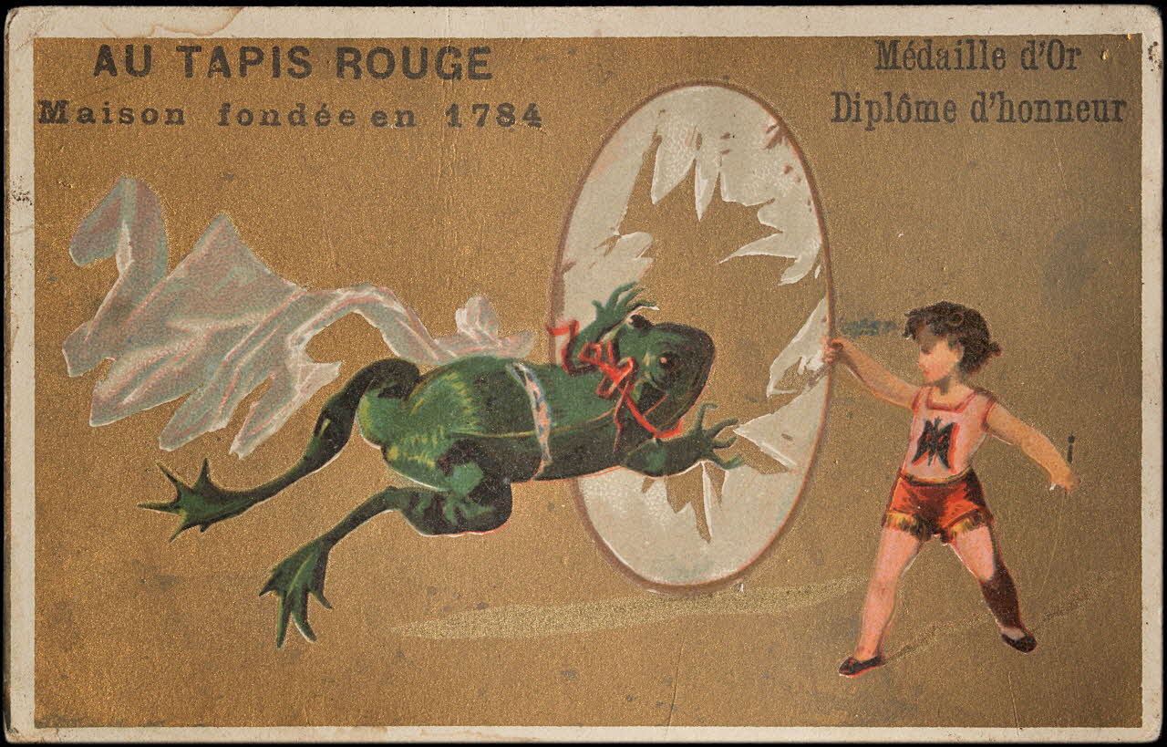 carte réclame Grenouille géante sautant à travers un cercle tenu par un enfant Paris 1878-1890 1998.77.15.1 Photo