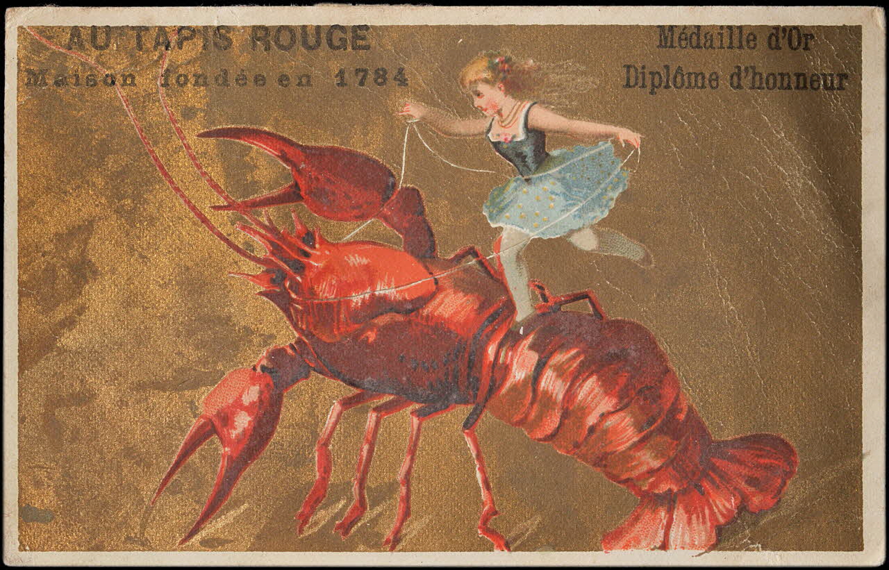 carte réclame Une jeune fille se tient debout sur un homard, qu'elle a dompté Paris 1878-1890 1998.77.15.3 Photo