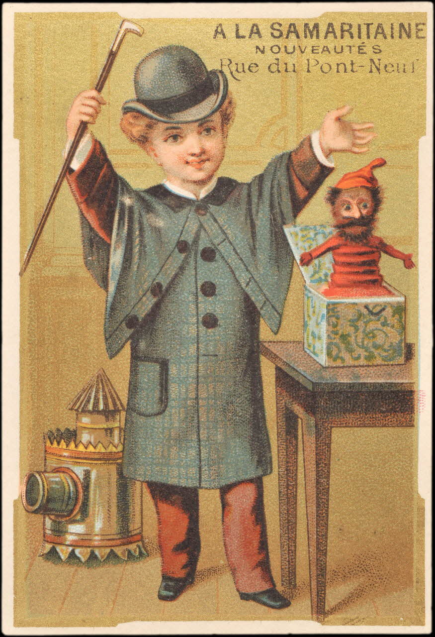 carte réclame Jeune homme vêtu d'un manteau et d'un chapeau melon, brandissant une canne Paris 1878-1890 1998.77.3.1 Photo