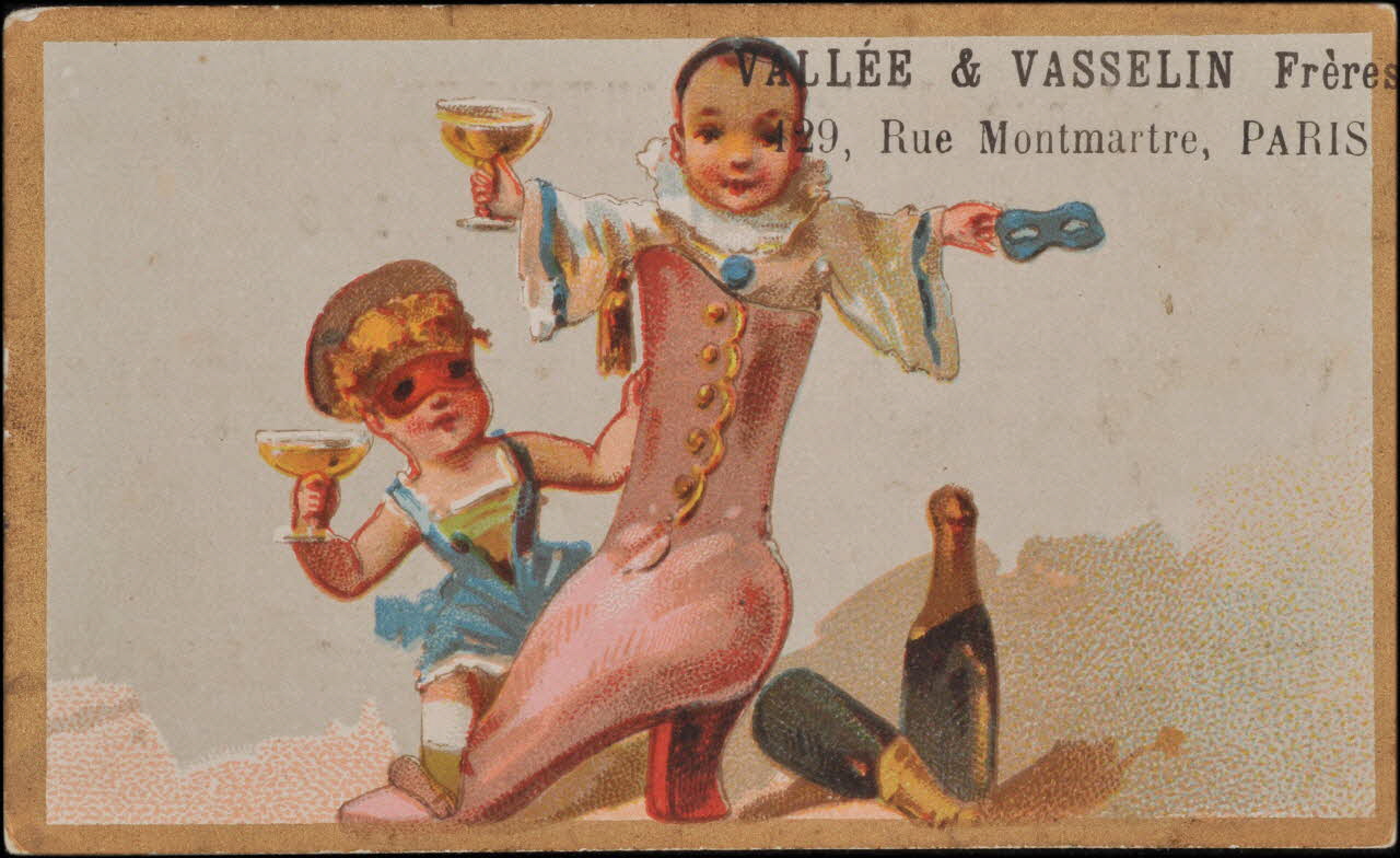 Romanet carte réclame Un Pierrot est debout dans une botte, buvant une coupe de champagne, Colombine est assise sur la pointe de la botte Paris 1877-1907 1998.77.43.4 Photo