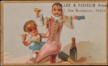 Romanet carte réclame Un Pierrot est debout dans une botte, buvant une coupe de champagne, Colombine est assise sur la pointe de la botte Paris 1877-1907 1998.77.43.4 Photo