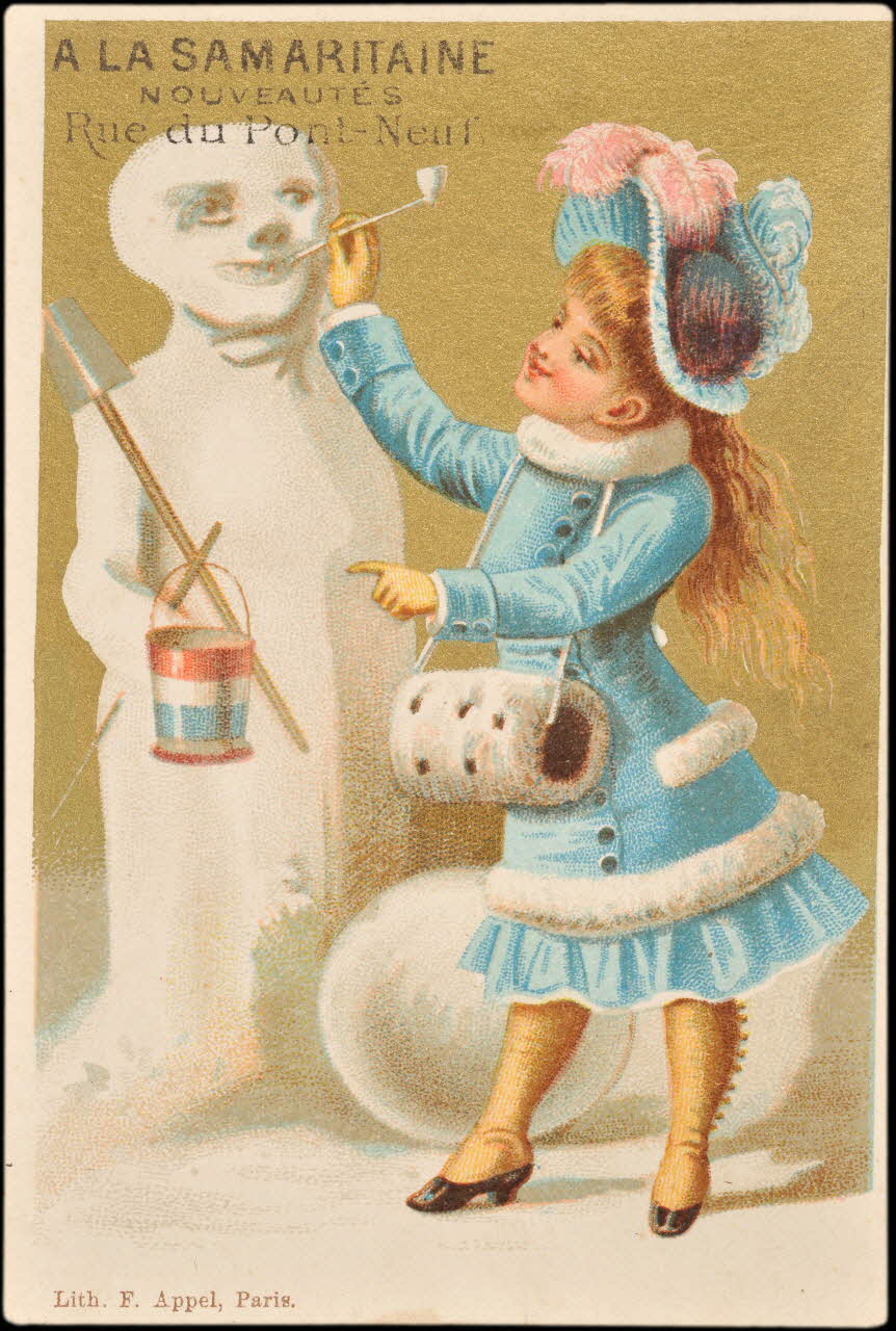 carte réclame Jeune fille sculptant un bonhomme de neige 1998.77.6.1 Photo
