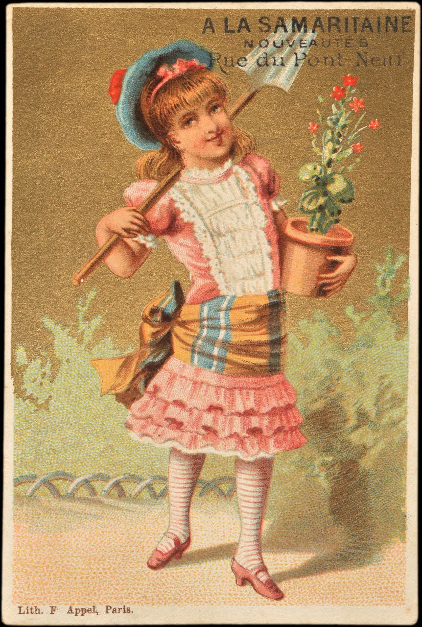 carte réclame Jeune fille portant un pot de fleurs et une pelle 1998.77.6.2 Photo