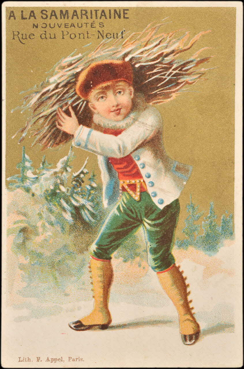 carte réclame Jeune homme portant un fagot de bois 1998.77.6.3 Photo