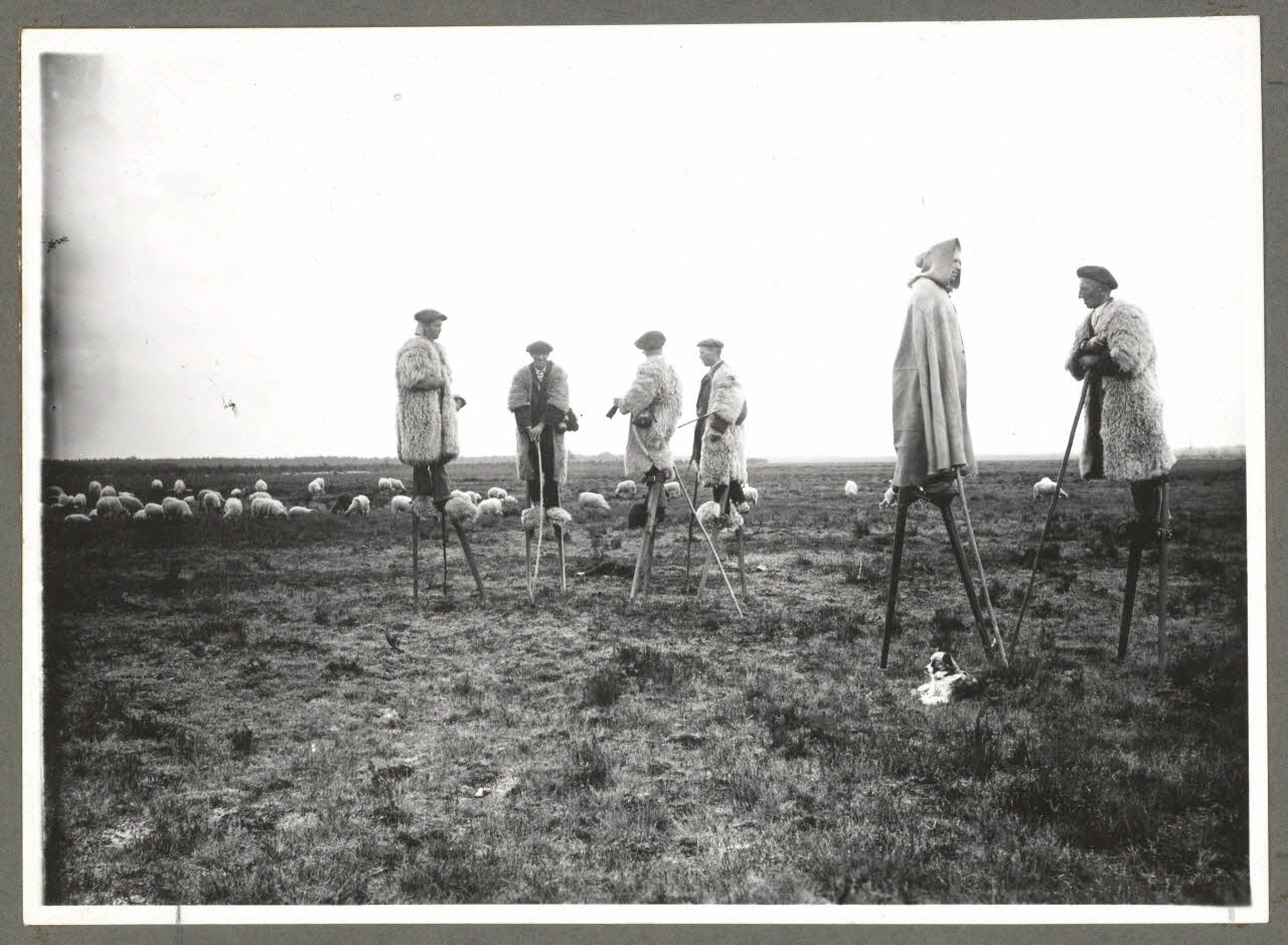 Félix Arnaudin photographie Landes de Gascogne. Bergers avec échasses et manteau à capuchon, ou toison Aquitaine, France 1937/10/13 Ph.1941.62.4 Photo