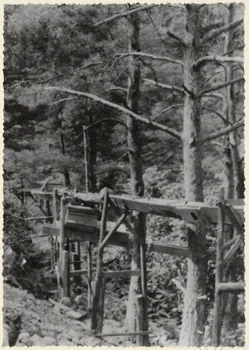 Huchet photographie Causse de Blandas. Système très primitif de canalisation en bois amenant l'eau du chantier des mines de Malines Languedoc-Roussillon, France 1955 Ph.1955.45.15 Photo