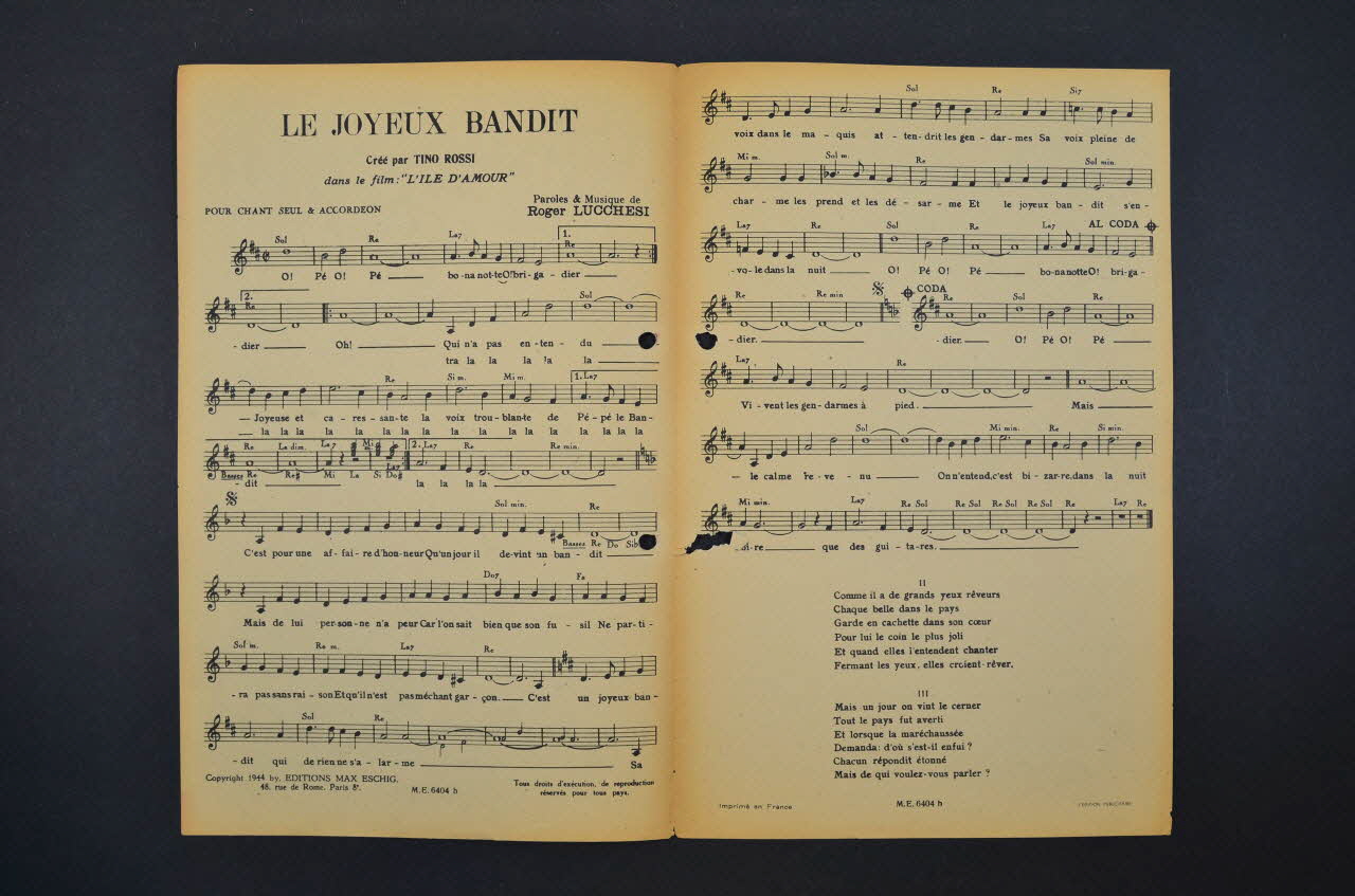 Roger Lucchesi ; Tino Rossi ; Éditions Max Eschig chanson petit format 1944 1965.121.151  Photo Mucem