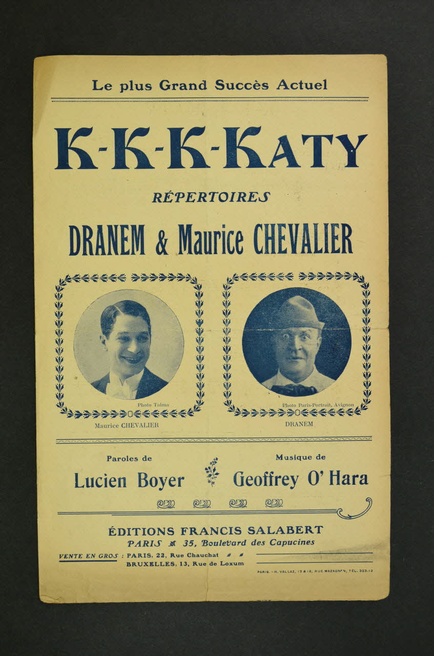 Geoffrey O'hara ; Lucien Boyer ; Maurice Chevalier ; Dranem chanson petit format 1918 1965.134.14 Photo Mucem