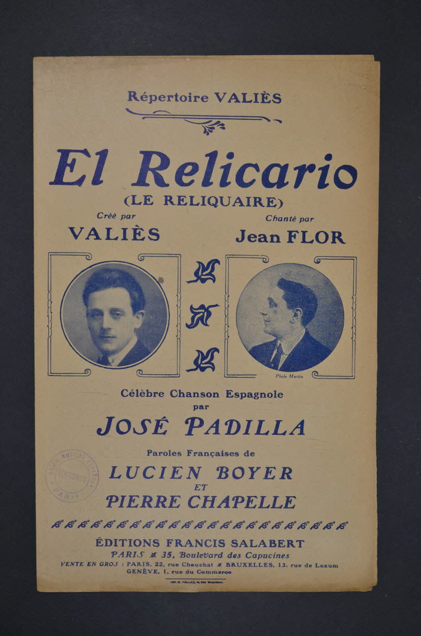 José Padilla ; Pierre Chapelle ; Lucien Boyer ; Jean Flor ; Valiès ; Francis F. Salabert chanson petit format 1920 1965.134.31 Photo Mucem
