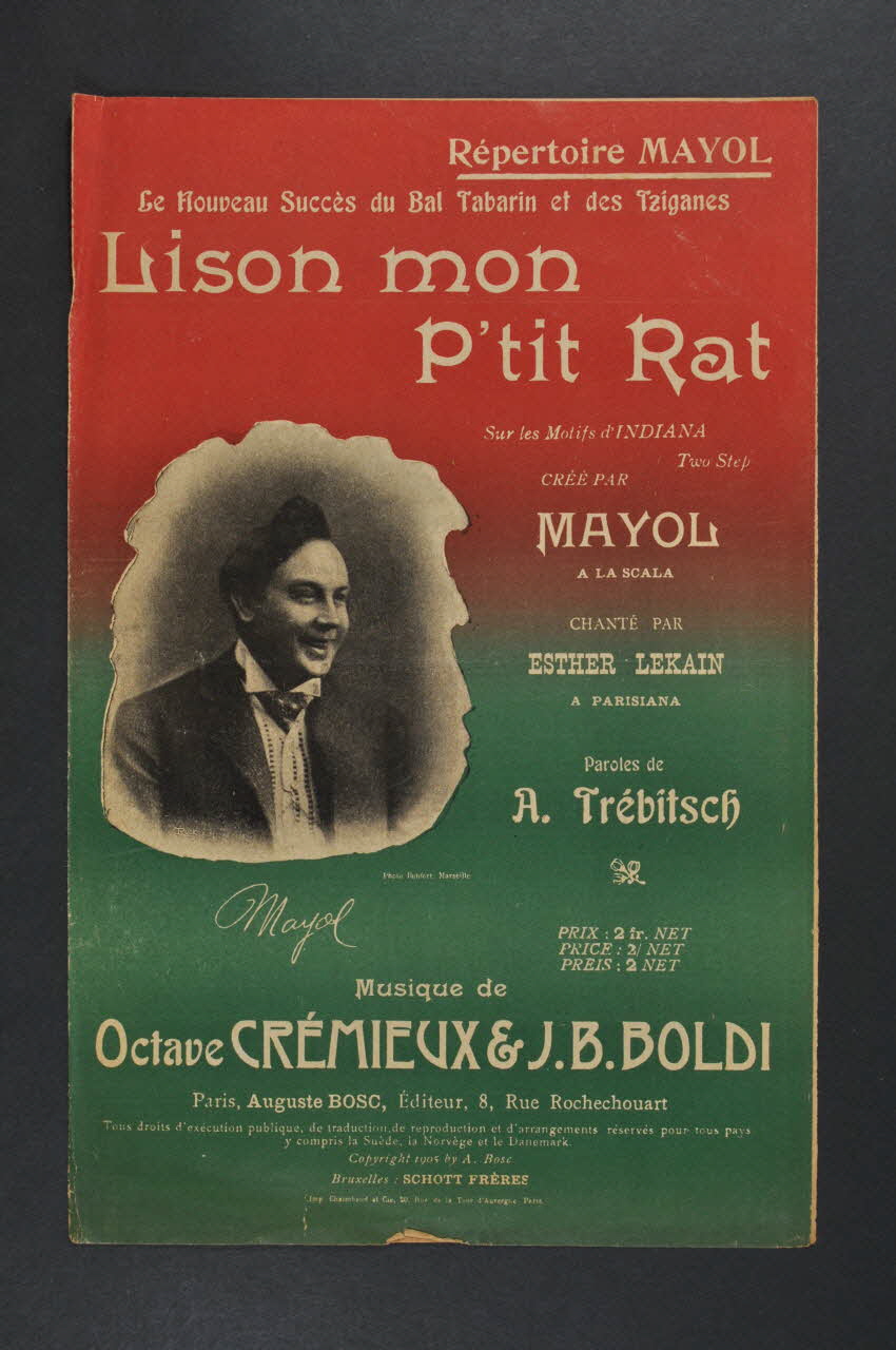 J-B. Boldi ; Octave Crémieux ; Alexandre Trébitsch ; Jacques Mayol ; Esther Lekain chanson petit format 1906 1965.134.33 Photo Mucem