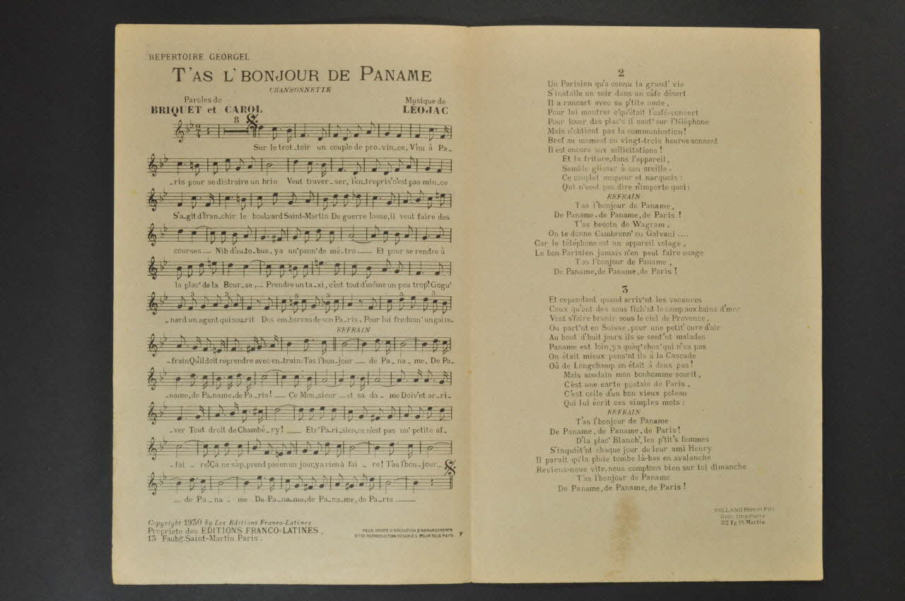 Paul Briquet ; Léo Jac ; Lucien Carol ; Georgel ; Editions Franco-Latines; chanson petit format 1930 1966.121.210 Photo Mucem