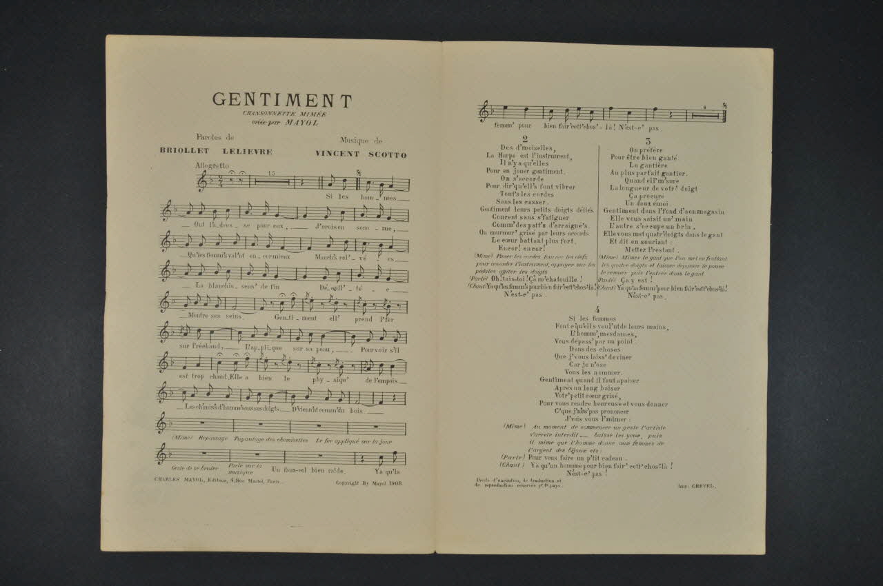 Léo Fils Lelièvre ; Vincent Scotto ; Paul Briollet ; Félix Mayol ; Charles Mayol chanson petit format 1908 1966.121.214  Photo Mucem