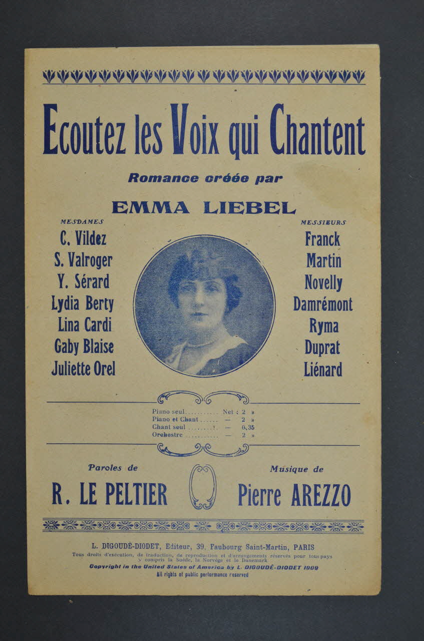 Raoul Le Peltier ; Pierre Arezzo ; Emma Liébel ; Digoudé-Diodet; chanson petit format 1913 1966.121.228 Photo Mucem
