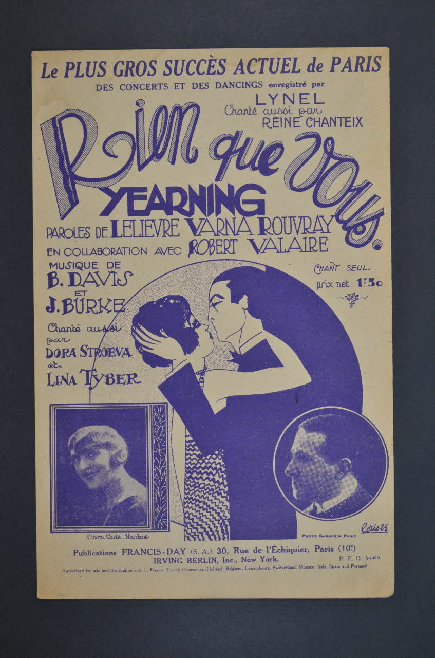 Henri Varna ; Léo Lelièvre ; Fernand Rouvray ; Joe Burke ; Benny Davis ; Lynel ; Francis-Day S.A., Editions; chanson petit format 1925 1965.136.121 Photo Mucem